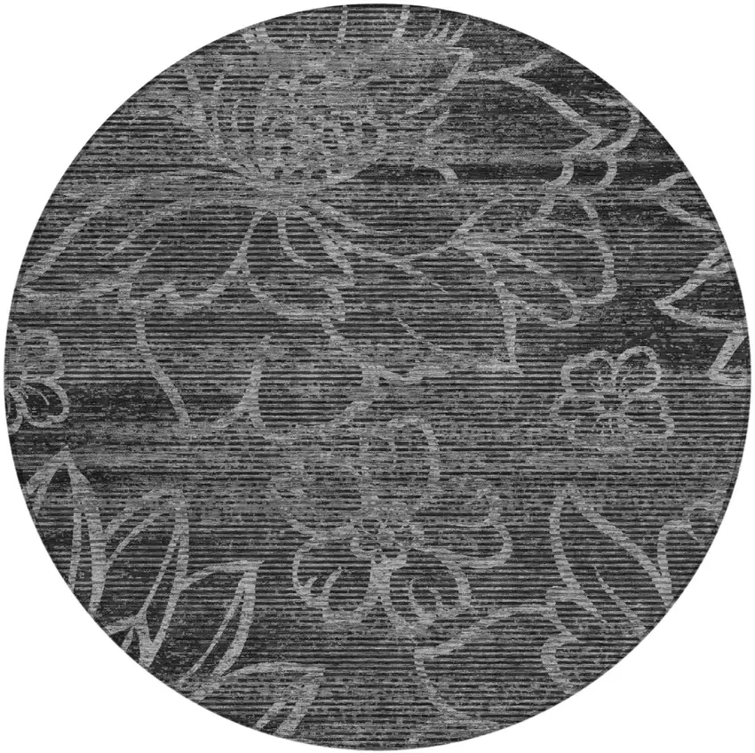 8' Black And Graphite Round Floral Washable Indoor Outdoor Area Rug Photo 2