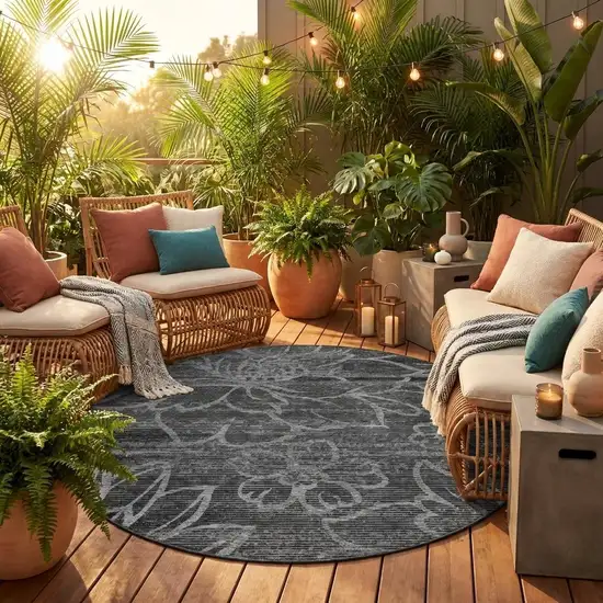 8' Black And Graphite Round Floral Washable Indoor Outdoor Area Rug Photo 1