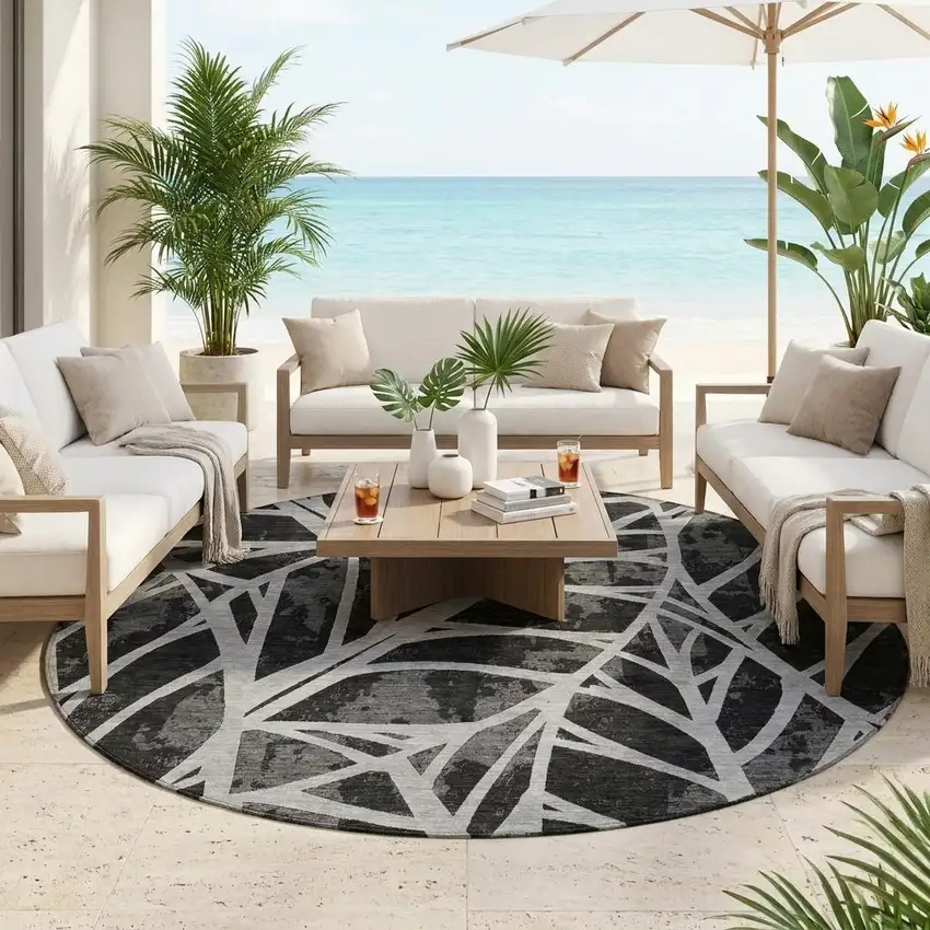 8' Black And Graphite Round Floral Washable Indoor Outdoor Area Rug Photo 1