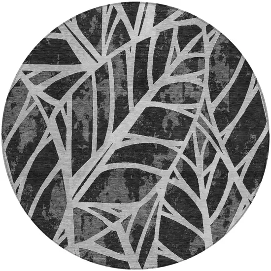 8' Black And Graphite Round Floral Washable Indoor Outdoor Area Rug Photo 2