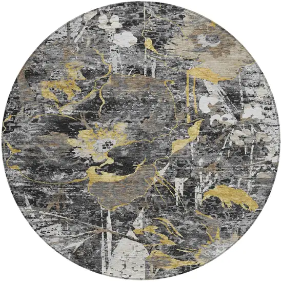 8' Black And Graphite Round Floral Washable Indoor Outdoor Area Rug Photo 1