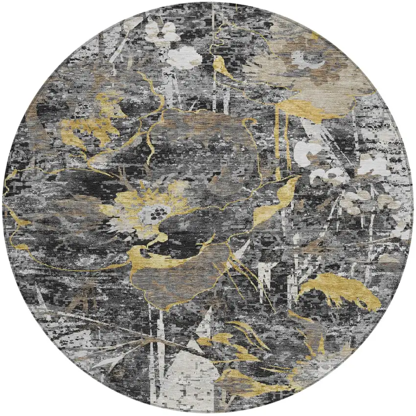 8' Black And Graphite Round Floral Washable Indoor Outdoor Area Rug Photo 1
