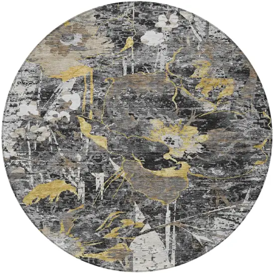 8' Black And Graphite Round Floral Washable Indoor Outdoor Area Rug Photo 2