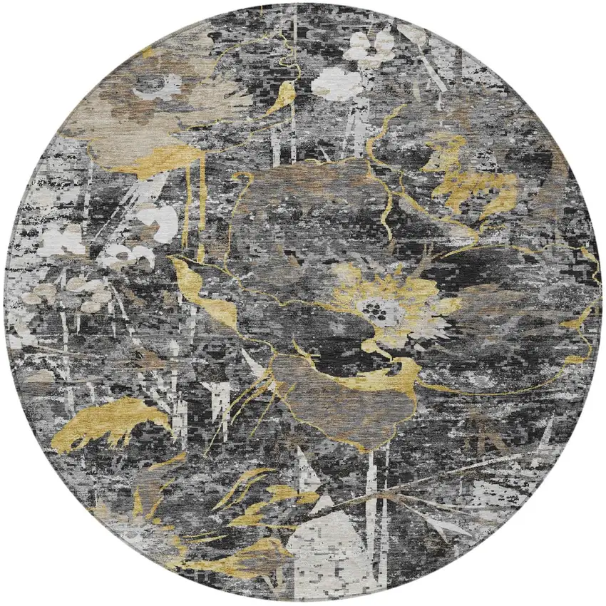 8' Black And Graphite Round Floral Washable Indoor Outdoor Area Rug Photo 2