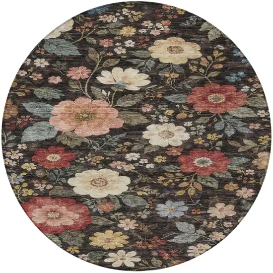 8' Black And Graphite Round Floral Washable Indoor Outdoor Area Rug Photo 3