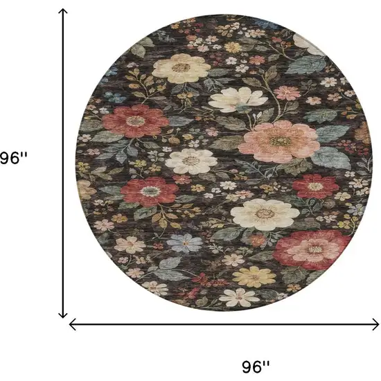 8' Black And Graphite Round Floral Washable Indoor Outdoor Area Rug Photo 6