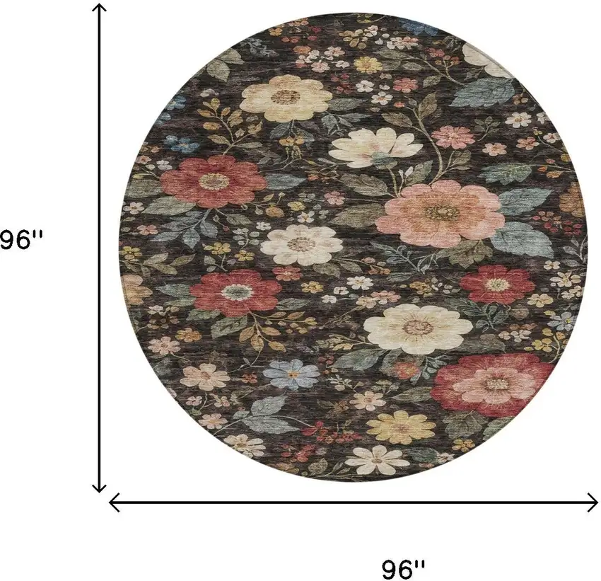 8' Black And Graphite Round Floral Washable Indoor Outdoor Area Rug Photo 6