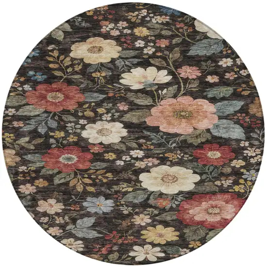 8' Black And Graphite Round Floral Washable Indoor Outdoor Area Rug Photo 2