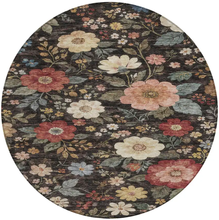 8' Black And Graphite Round Floral Washable Indoor Outdoor Area Rug Photo 2