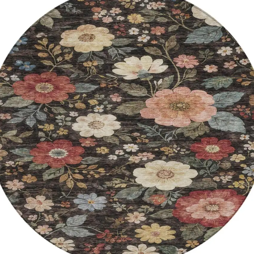 8' Black And Graphite Round Floral Washable Indoor Outdoor Area Rug Photo 1