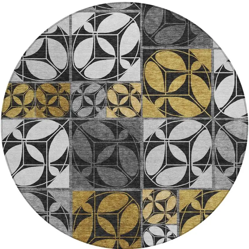 8' Black And Graphite Round Geometric Washable Indoor Outdoor Area Rug Photo 1