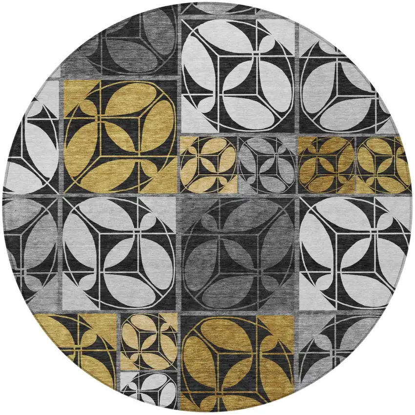 8' Black And Graphite Round Geometric Washable Indoor Outdoor Area Rug Photo 3