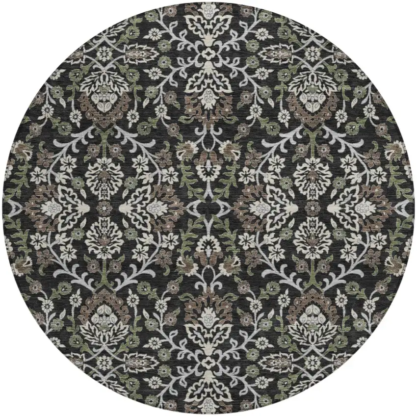 8' Black And Graphite Round Geometric Washable Indoor Outdoor Area Rug Photo 1