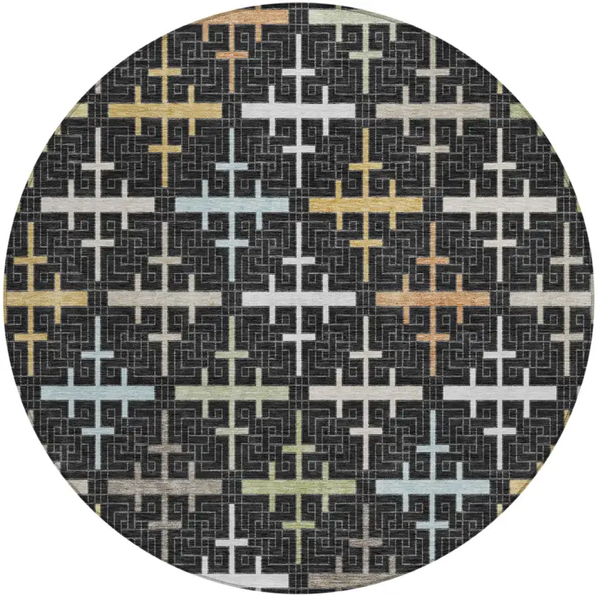 8' Black And Graphite Round Geometric Washable Indoor Outdoor Area Rug Photo 2