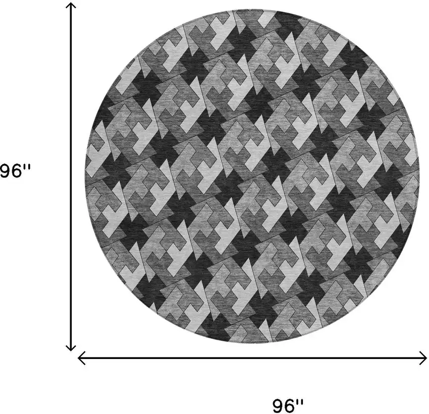 8' Black And Graphite Round Geometric Washable Indoor Outdoor Area Rug Photo 5
