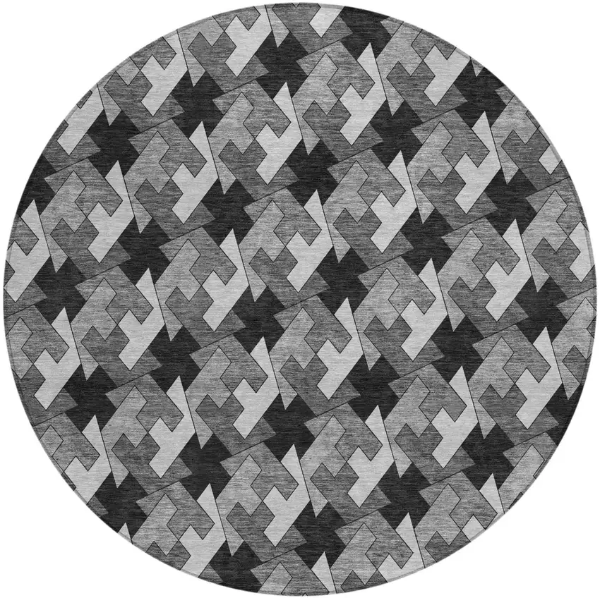 8' Black And Graphite Round Geometric Washable Indoor Outdoor Area Rug Photo 2