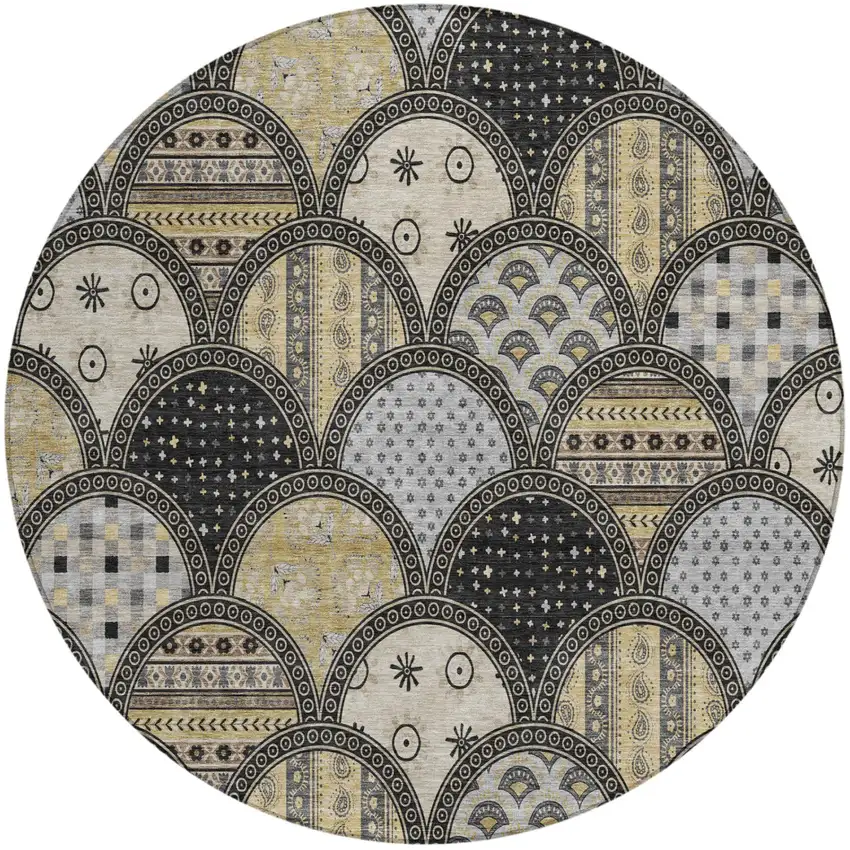 8' Black And Graphite Round Geometric Washable Indoor Outdoor Area Rug Photo 2
