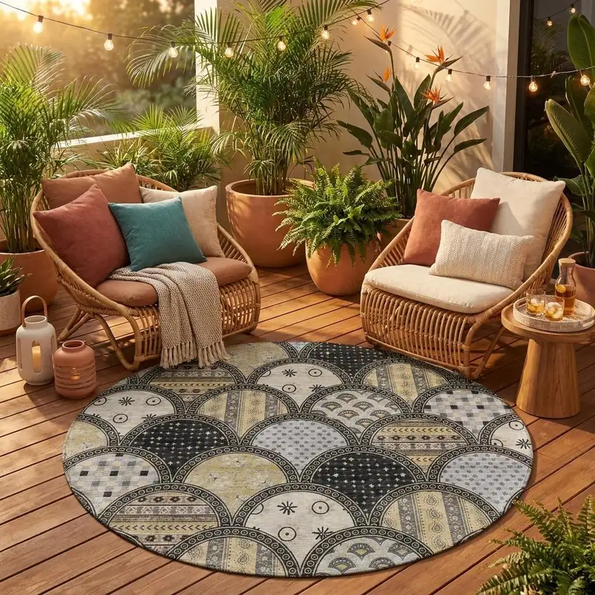 8' Black And Graphite Round Geometric Washable Indoor Outdoor Area Rug Photo 1