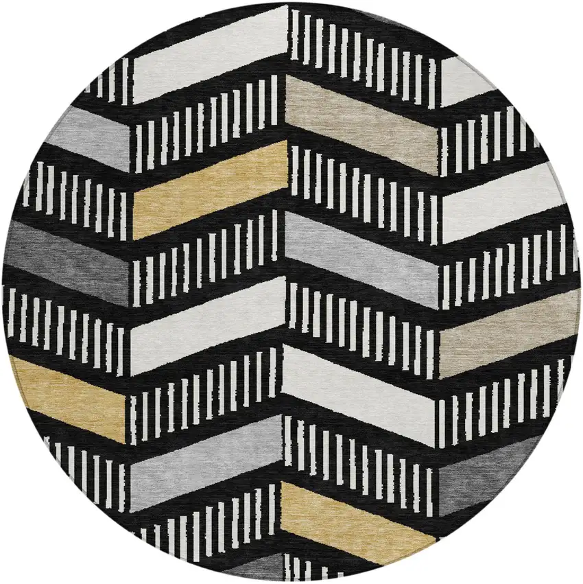 8' Black And Graphite Round Geometric Washable Indoor Outdoor Area Rug Photo 1