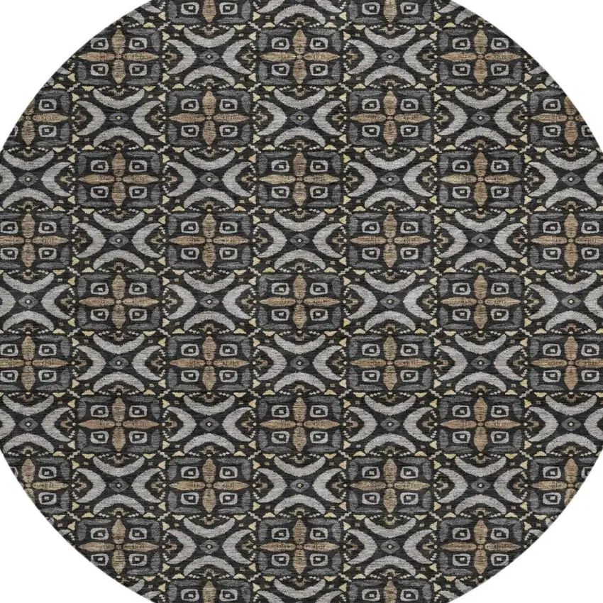 8' Black And Graphite Round Geometric Washable Indoor Outdoor Area Rug Photo 1