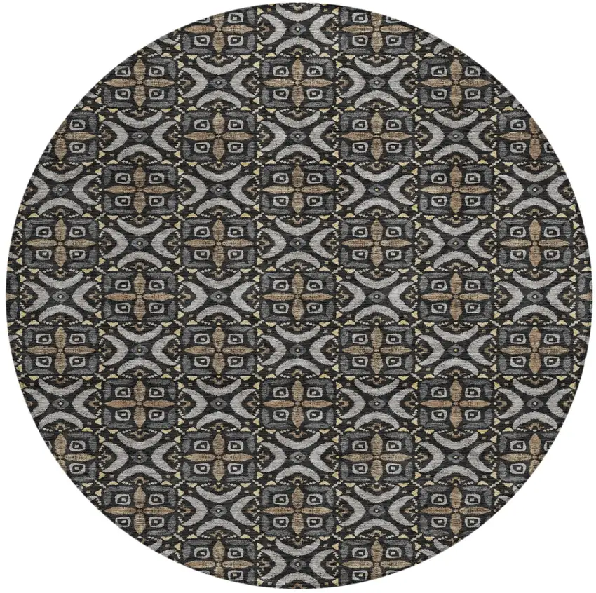 8' Black And Graphite Round Geometric Washable Indoor Outdoor Area Rug Photo 2