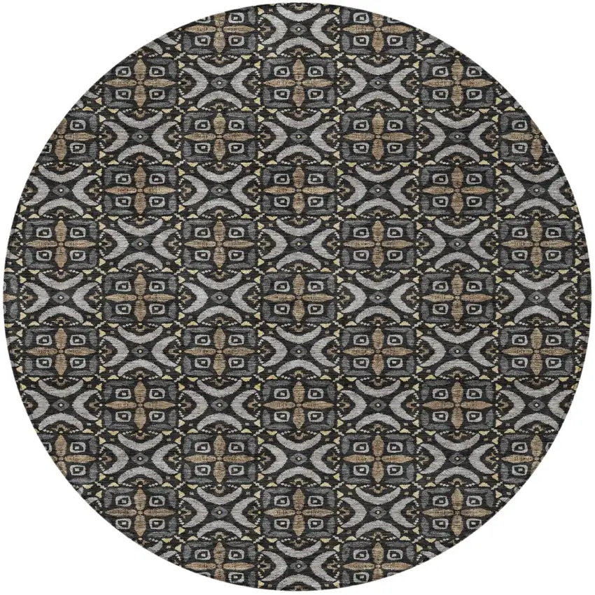 8' Black And Graphite Round Geometric Washable Indoor Outdoor Area Rug Photo 3