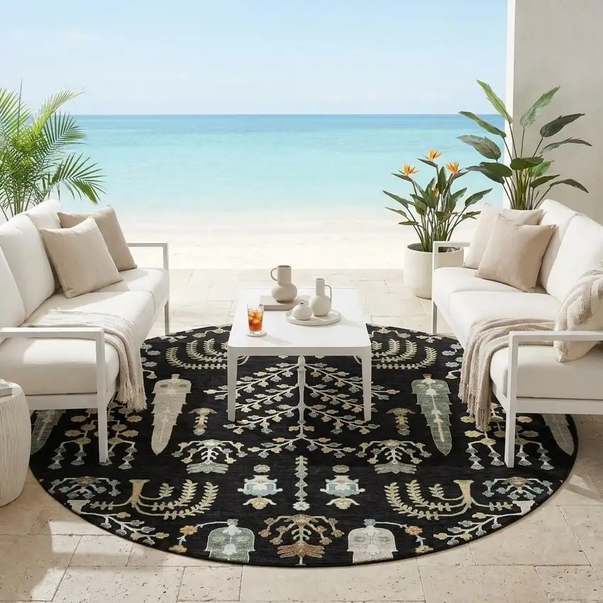 8' Black And Graphite Round Oriental Washable Indoor Outdoor Area Rug Photo 1