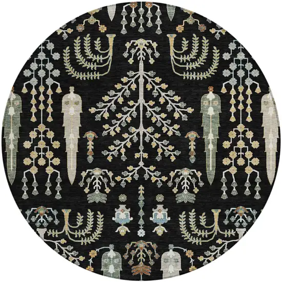 8' Black And Graphite Round Oriental Washable Indoor Outdoor Area Rug Photo 2