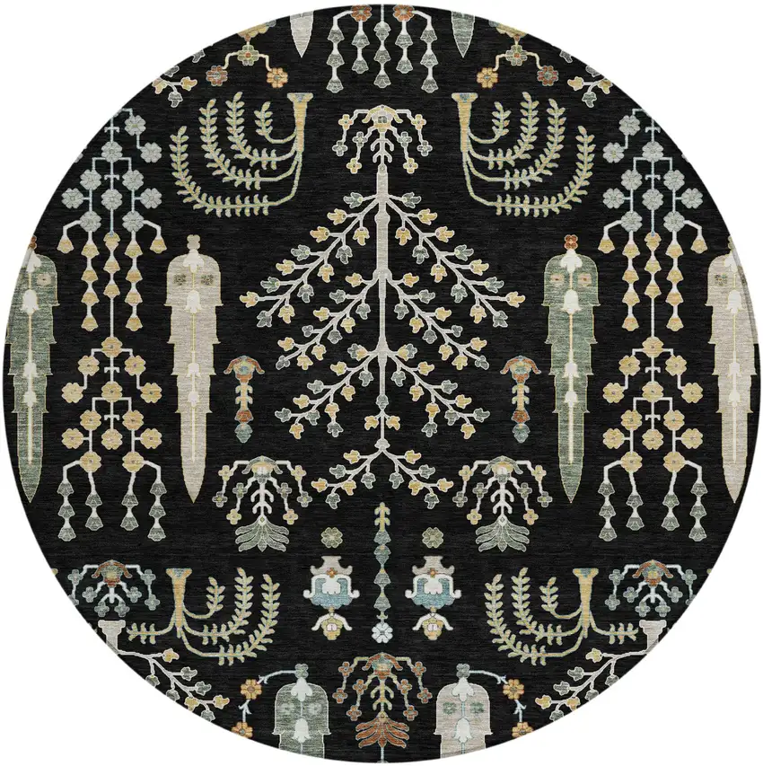8' Black And Graphite Round Oriental Washable Indoor Outdoor Area Rug Photo 2