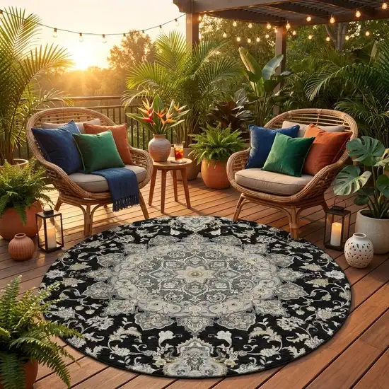 8' Black And Graphite Round Oriental Washable Indoor Outdoor Area Rug Photo 1