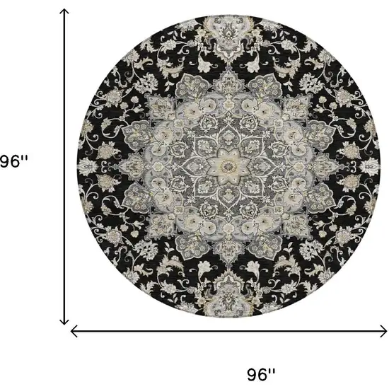 8' Black And Graphite Round Oriental Washable Indoor Outdoor Area Rug Photo 5