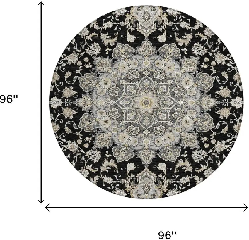 8' Black And Graphite Round Oriental Washable Indoor Outdoor Area Rug Photo 5