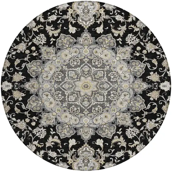 8' Black And Graphite Round Oriental Washable Indoor Outdoor Area Rug Photo 2