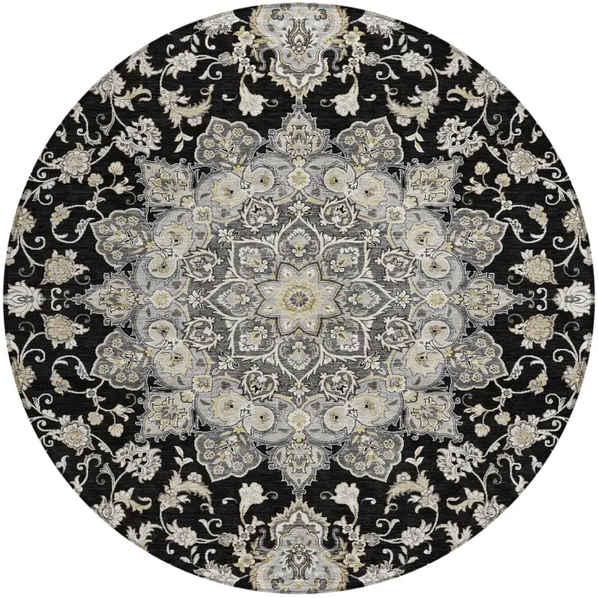 8' Black And Graphite Round Oriental Washable Indoor Outdoor Area Rug Photo 2
