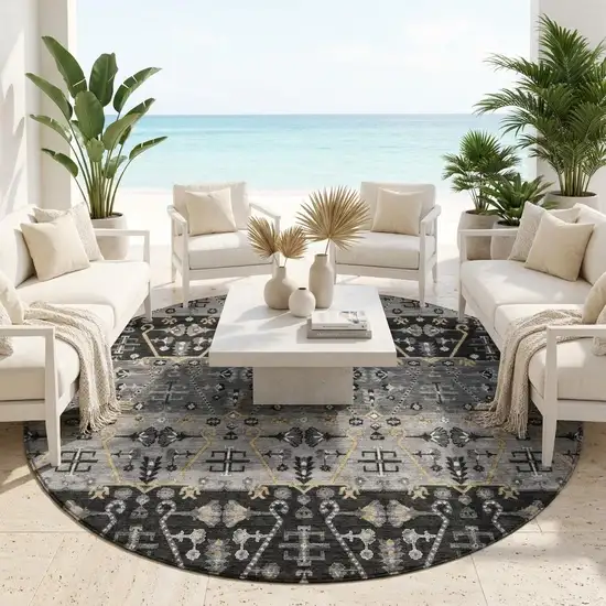 8' Black And Graphite Round Oriental Washable Indoor Outdoor Area Rug Photo 1