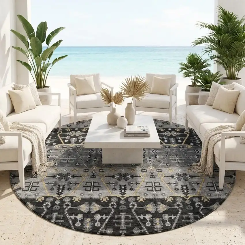 8' Black And Graphite Round Oriental Washable Indoor Outdoor Area Rug Photo 1
