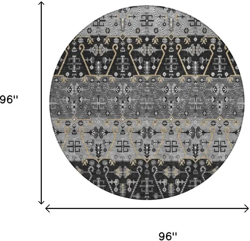8' Black And Graphite Round Oriental Washable Indoor Outdoor Area Rug Photo 5