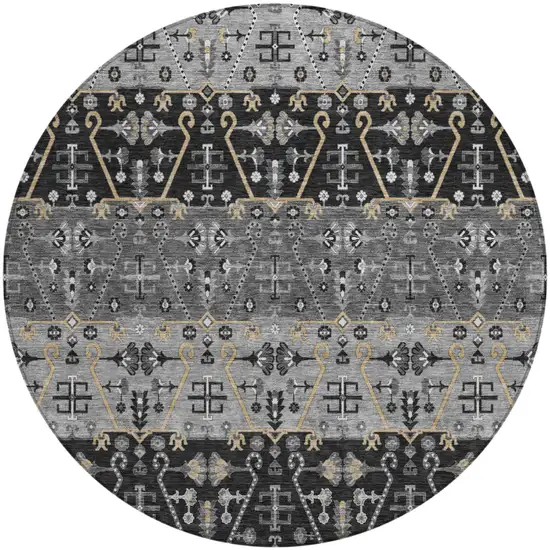 8' Black And Graphite Round Oriental Washable Indoor Outdoor Area Rug Photo 2