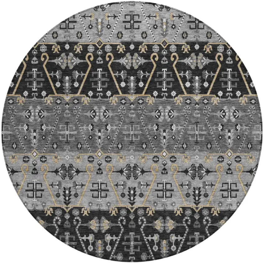 8' Black And Graphite Round Oriental Washable Indoor Outdoor Area Rug Photo 2