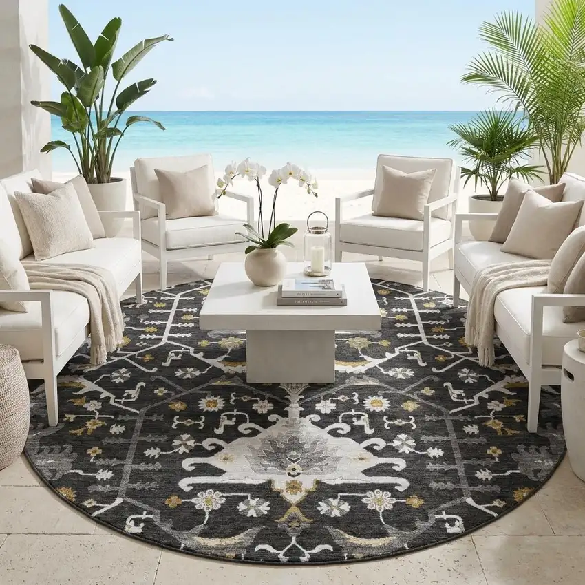 8' Black And Graphite Round Oriental Washable Indoor Outdoor Area Rug Photo 1