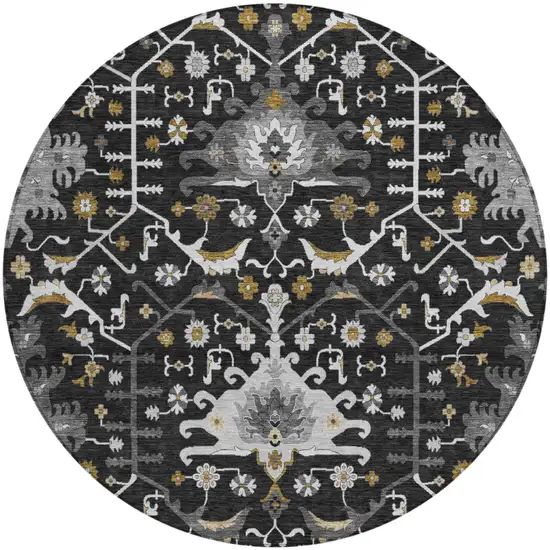 8' Black And Graphite Round Oriental Washable Indoor Outdoor Area Rug Photo 2