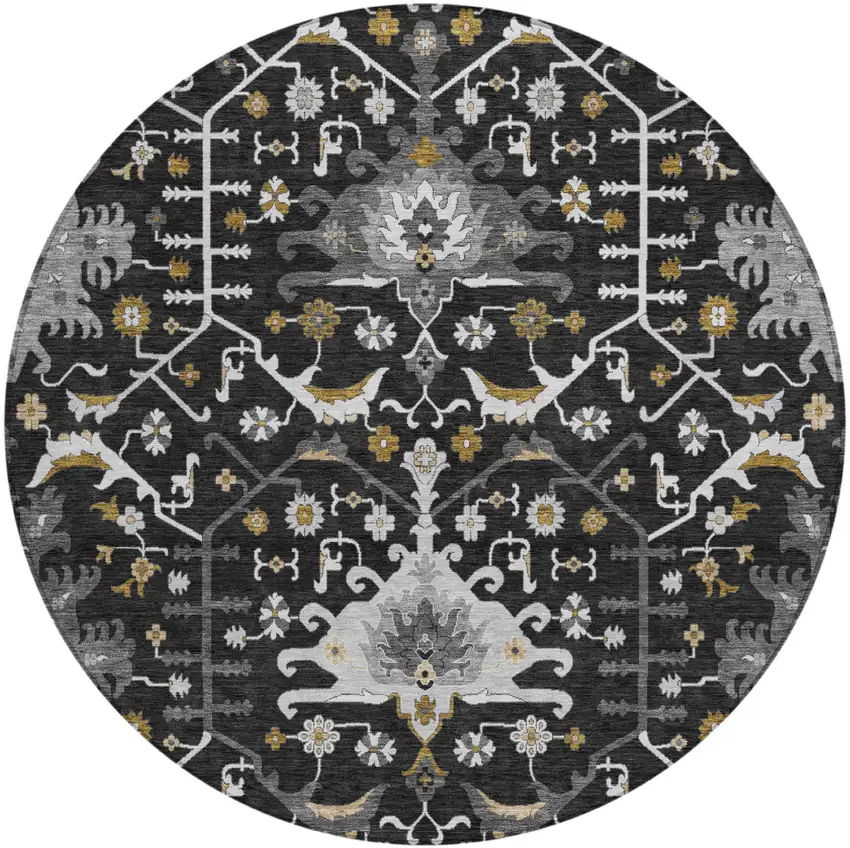 8' Black And Graphite Round Oriental Washable Indoor Outdoor Area Rug Photo 2