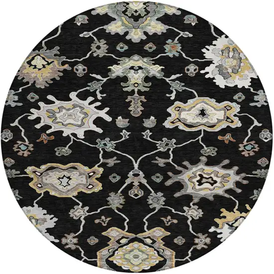 8' Black And Graphite Round Oriental Washable Indoor Outdoor Area Rug Photo 1