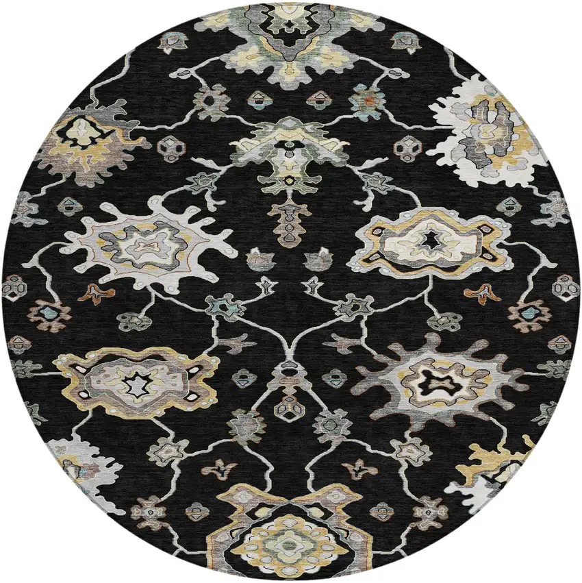 8' Black And Graphite Round Oriental Washable Indoor Outdoor Area Rug Photo 1