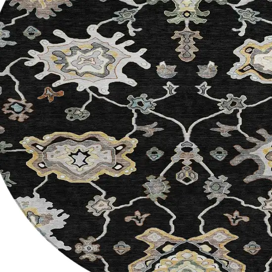 8' Black And Graphite Round Oriental Washable Indoor Outdoor Area Rug Photo 3