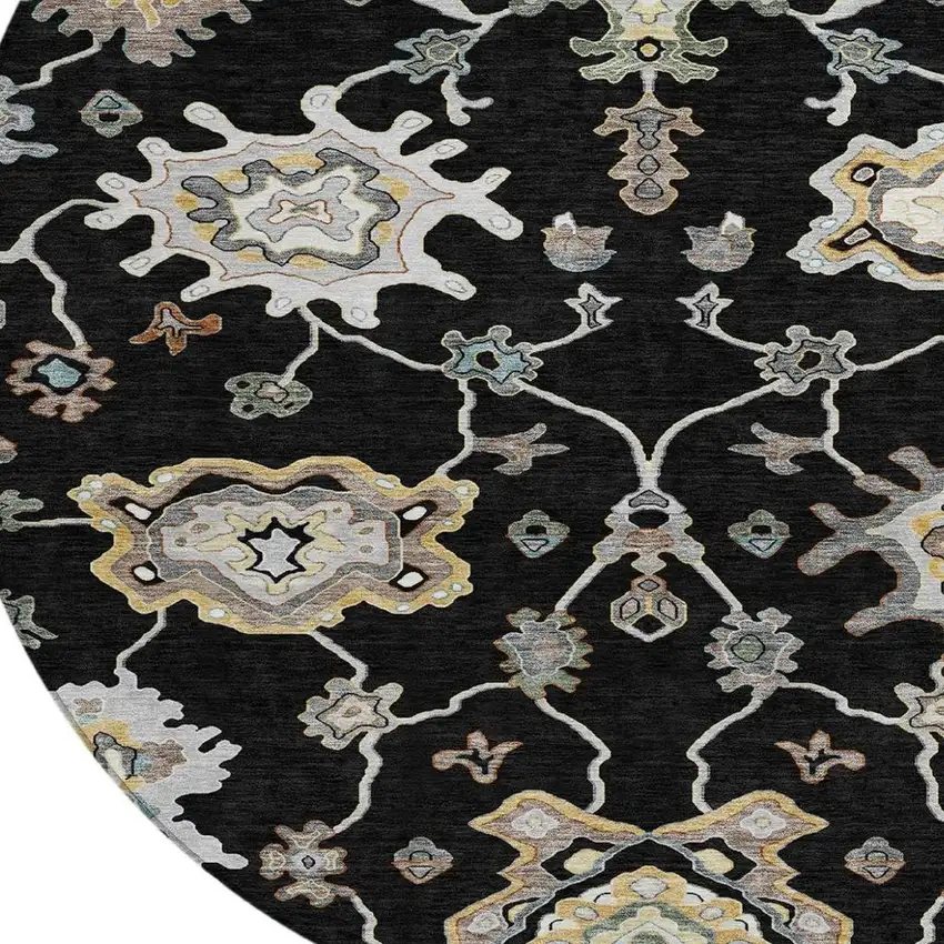 8' Black And Graphite Round Oriental Washable Indoor Outdoor Area Rug Photo 3