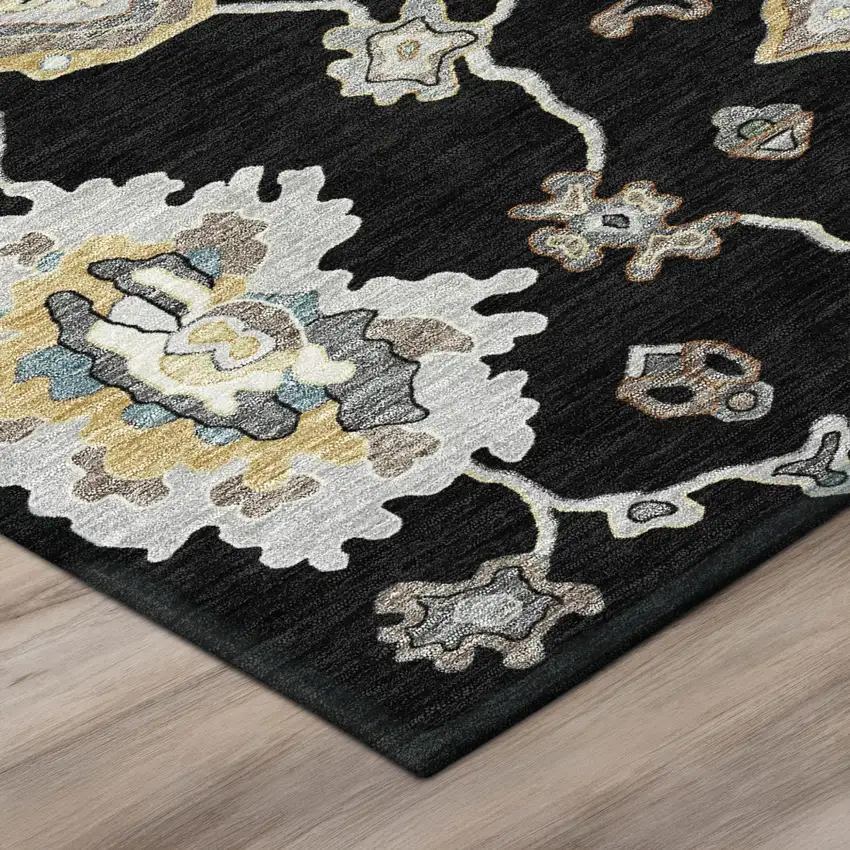 8' Black And Graphite Round Oriental Washable Indoor Outdoor Area Rug Photo 4