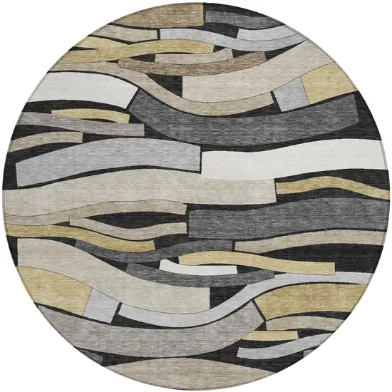 8' Black And Graphite Round Striped Washable Indoor Outdoor Area Rug Photo 2