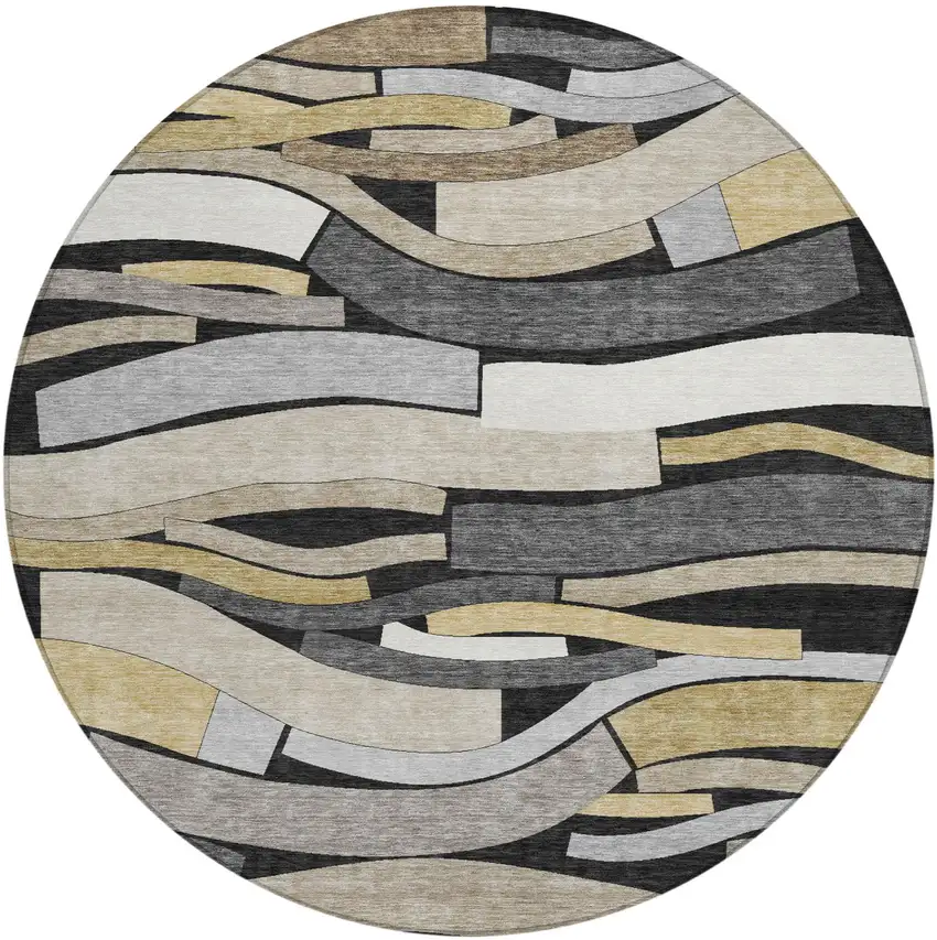 8' Black And Graphite Round Striped Washable Indoor Outdoor Area Rug Photo 2