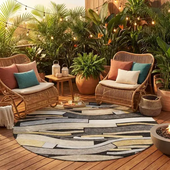 8' Black And Graphite Round Striped Washable Indoor Outdoor Area Rug Photo 1